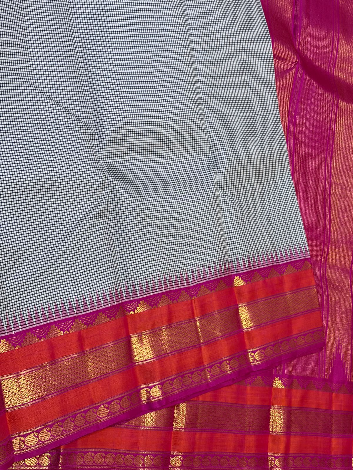 Soft Silver Grey with Magenta Pink and Orange Border Pure Kanchipuram Handloom Bridal Silk Saree
